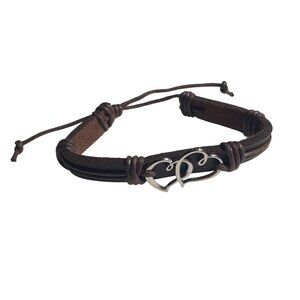 Leather Bracelet Intertwined Hearts Adjustable Brown Dark Silver Tone Jewelry
